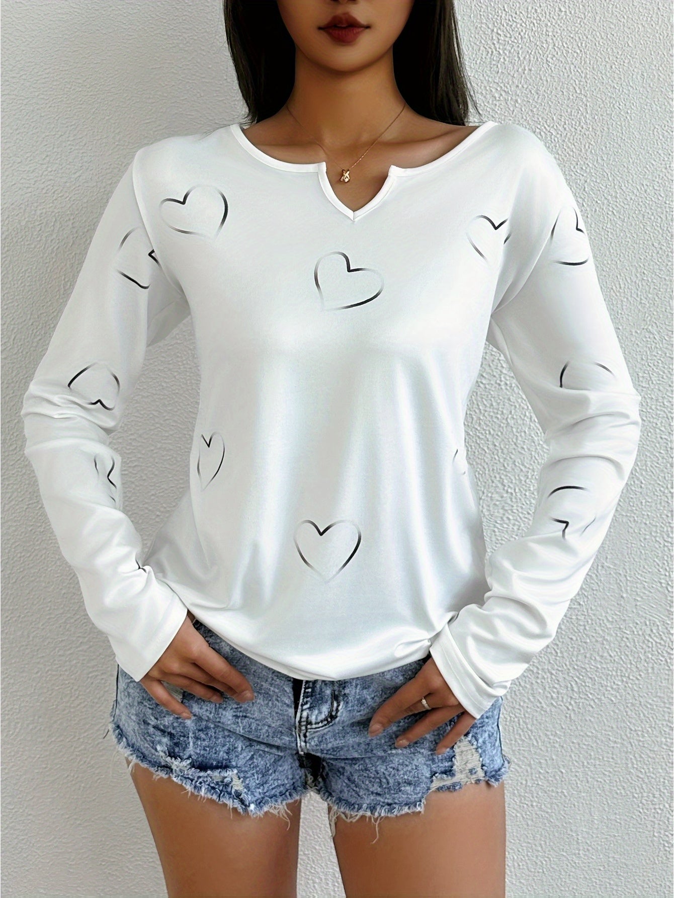 Womens Casual V Neck Long Sleeve T Shirt With Heart Print