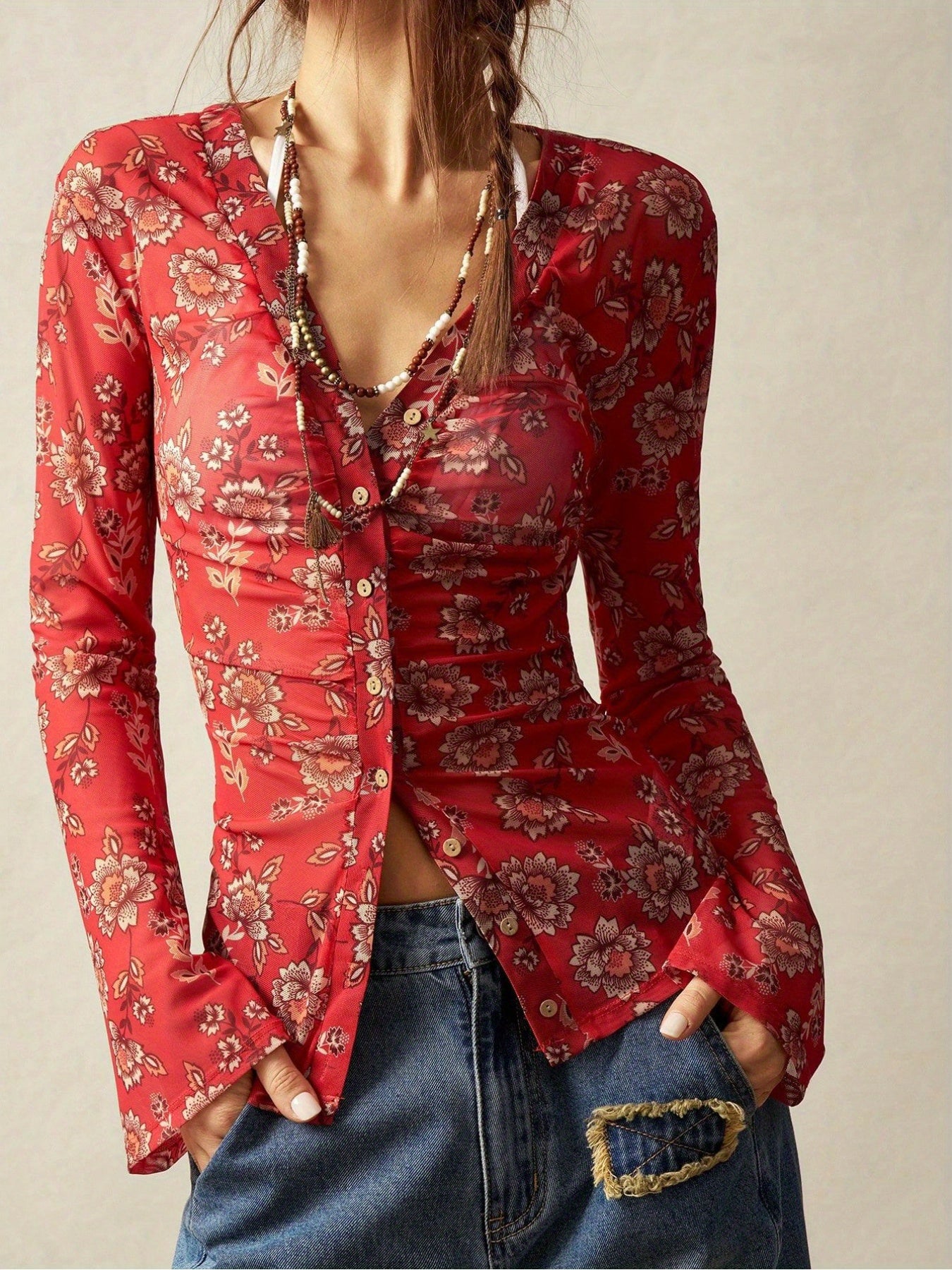 SCACTO Floral Print V Neck Shirt For Everyday Casual Wear