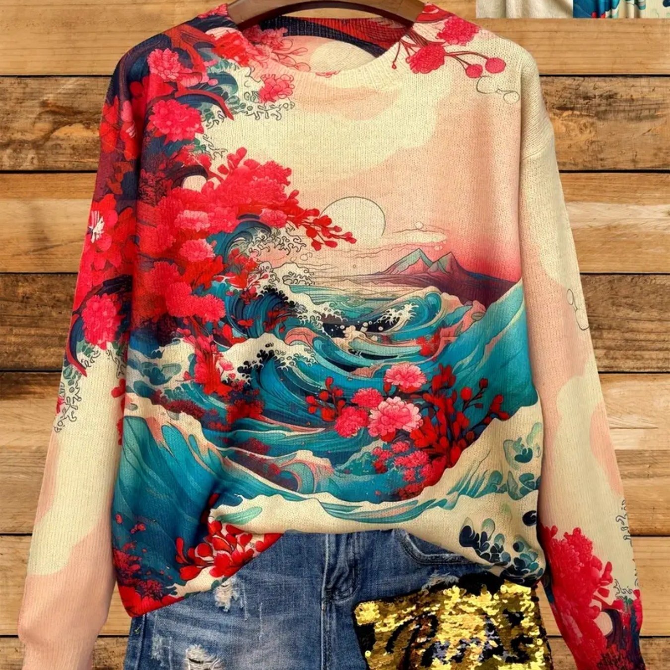 Japanese Art Inspired Cherry Blossom And Great Wave Sweater