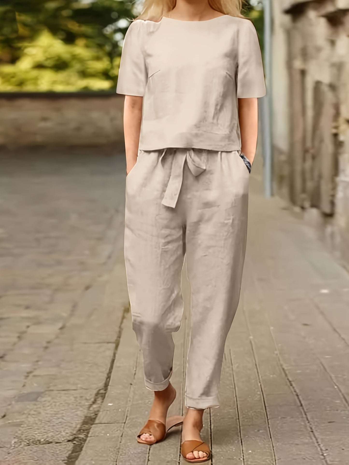 Cotton Womens 2 Piece Short Sleeve Wide Leg Pajama Set