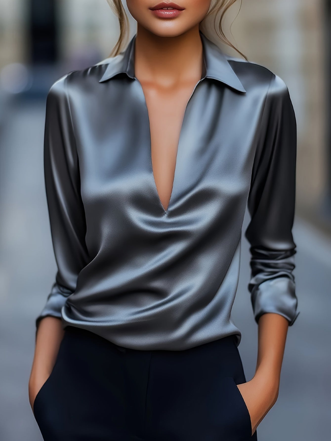 SCACTOC Satin V Neck Blouse Long Sleeve Button Up Shirt