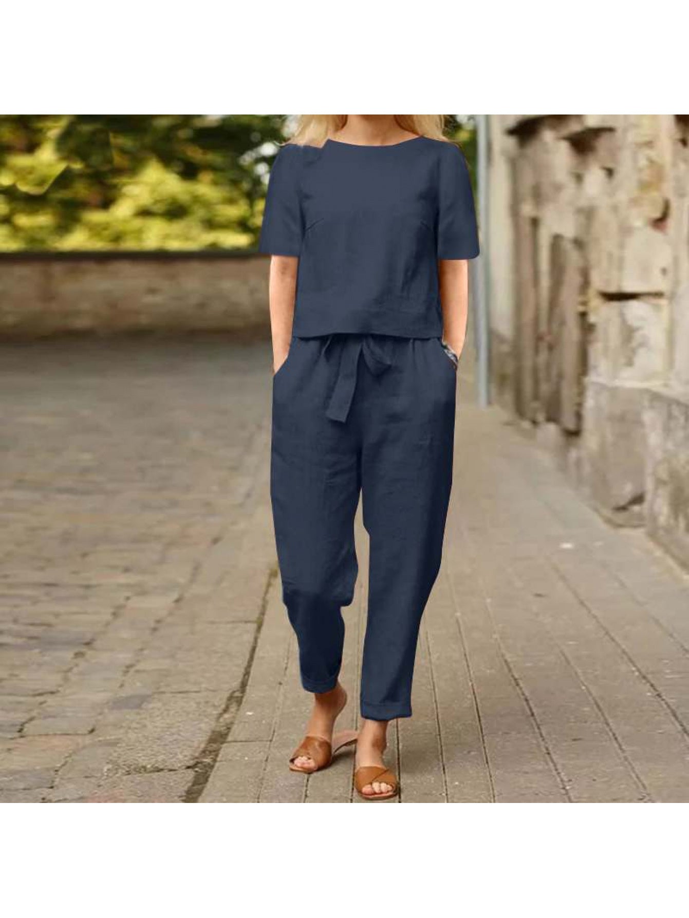 Womens Linen Summer Retro Matching Set With Oversized Blouse
