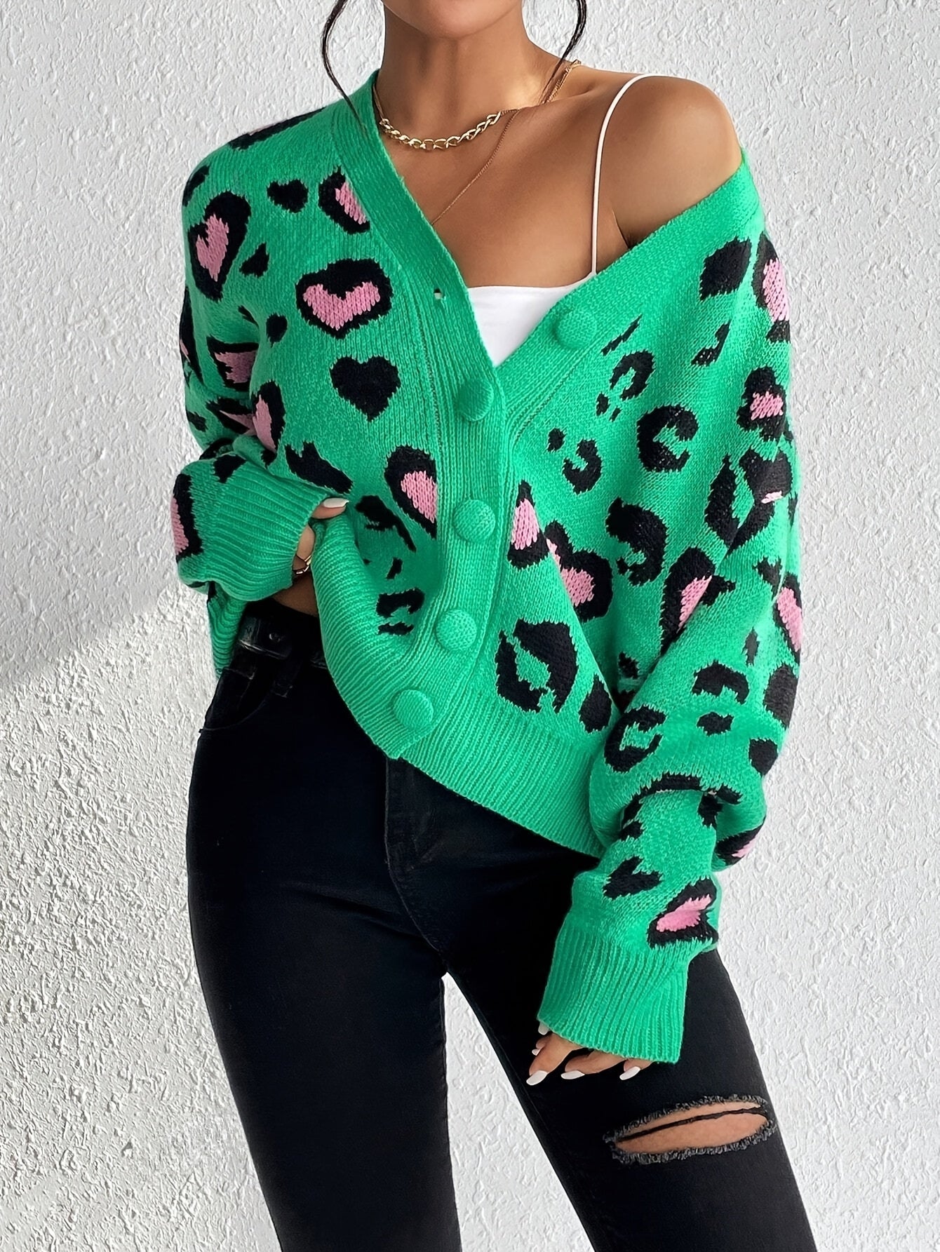 Elegant Leopard Hearts Cardigan Open Front Button Sweater