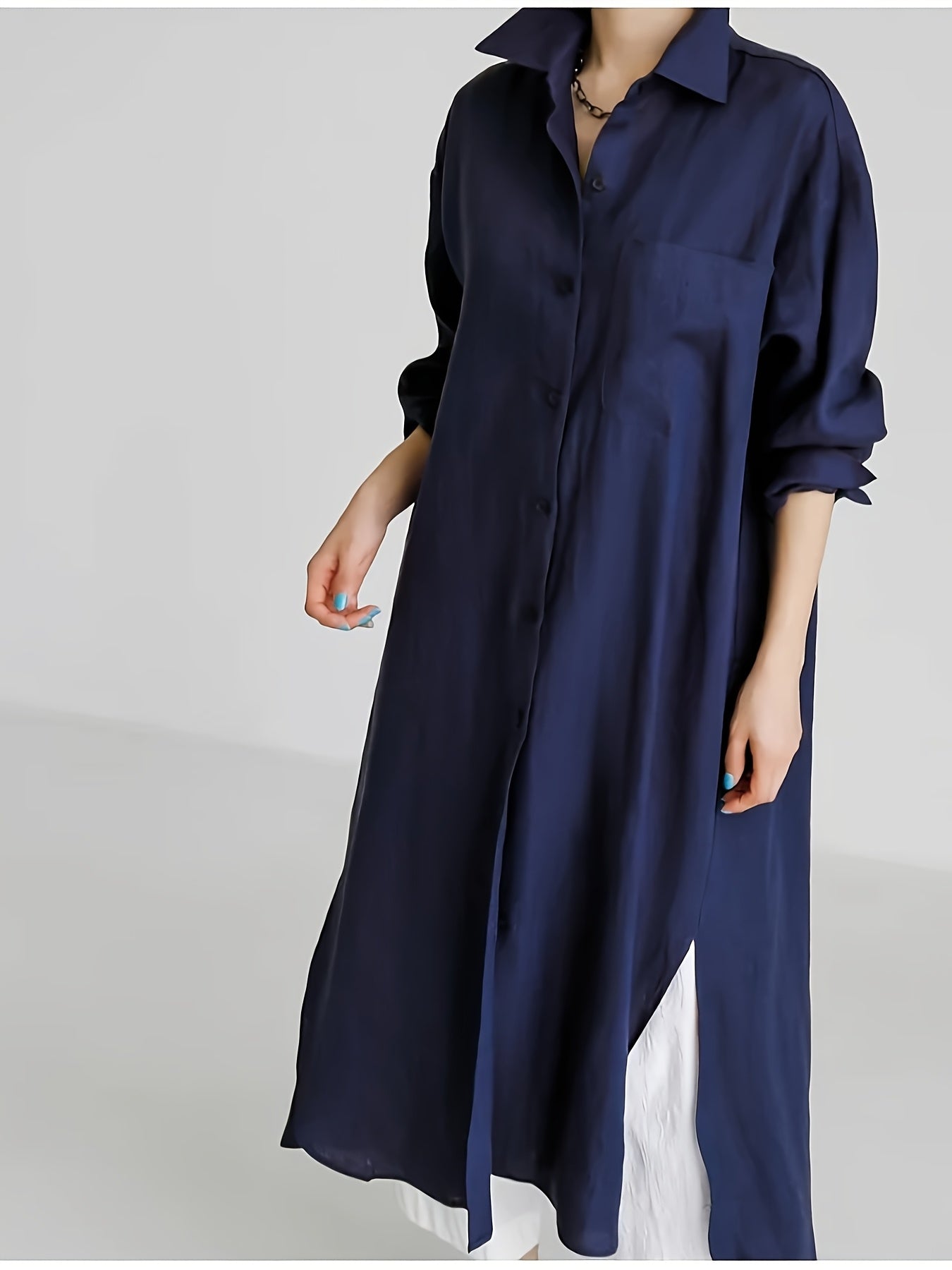 Lapel Collar Linen Shirt Dress Button Front Solid Color