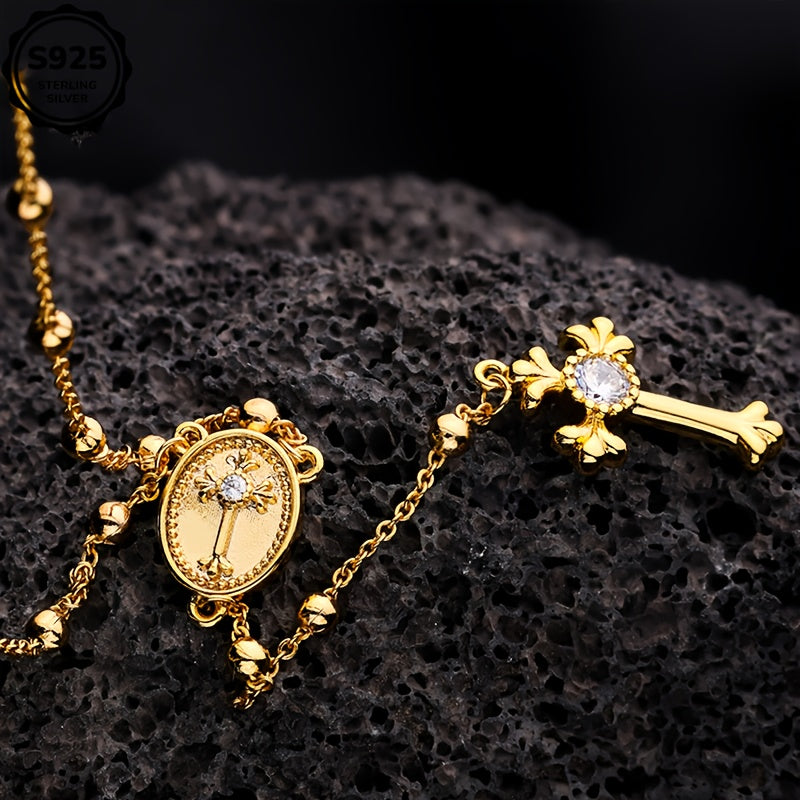 Artpage 925 Sterling Silver Rosary Cross Necklace Y Shape
