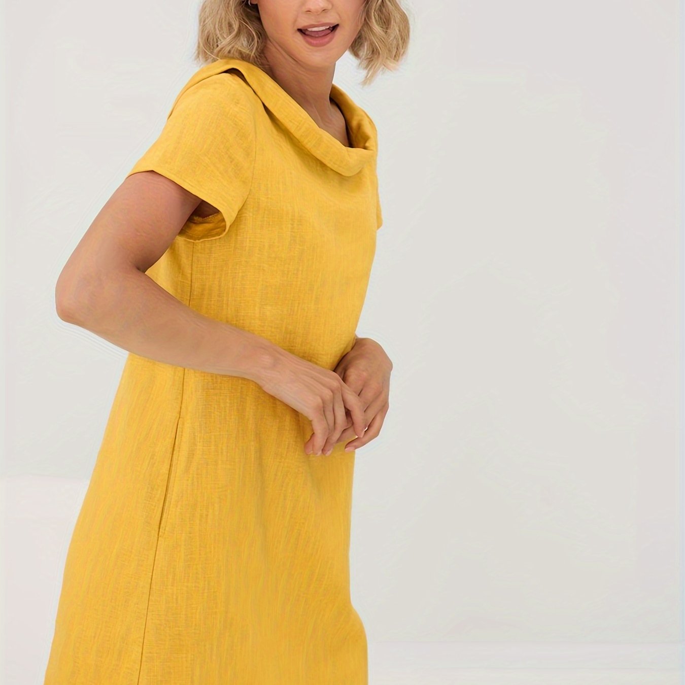 Linen Dress With Pockets Slit Collar Everyday Wear Casual