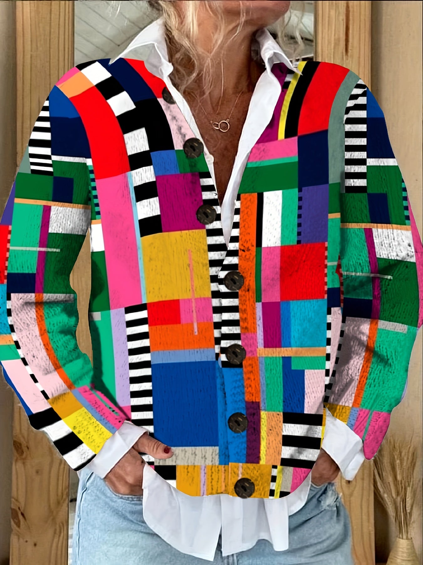 Women's 3D Geometric Print Cardigan With Notched Lapel