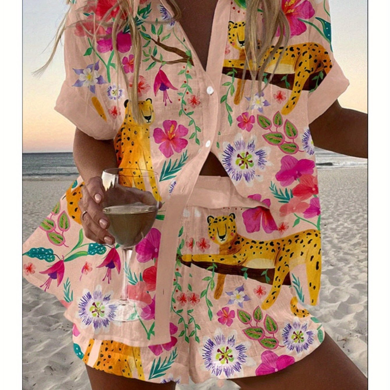 Spring Summer Fashion Women Printed Loose Short Sleeve Set