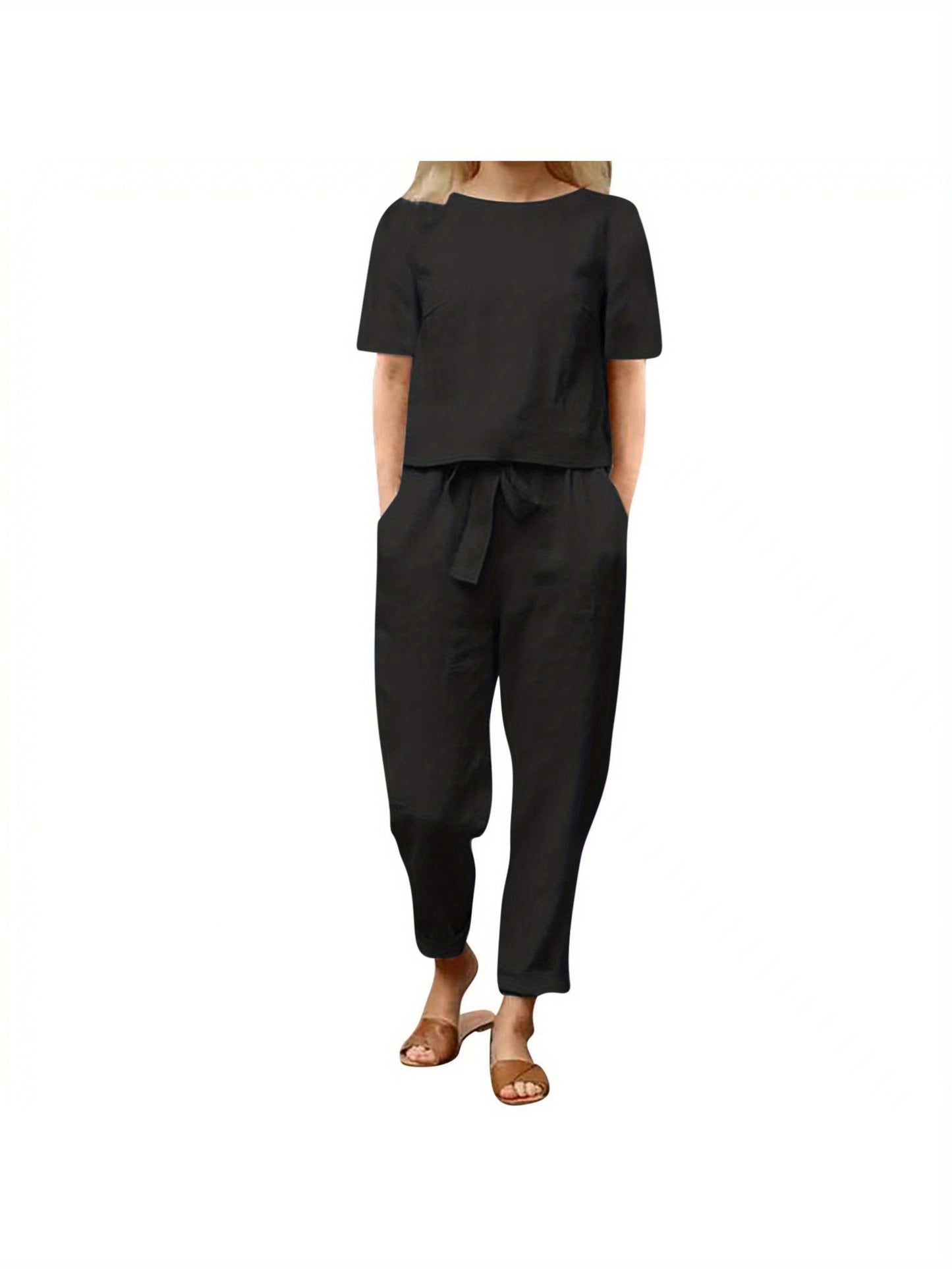 Womens Linen Summer Retro Matching Set With Oversized Blouse
