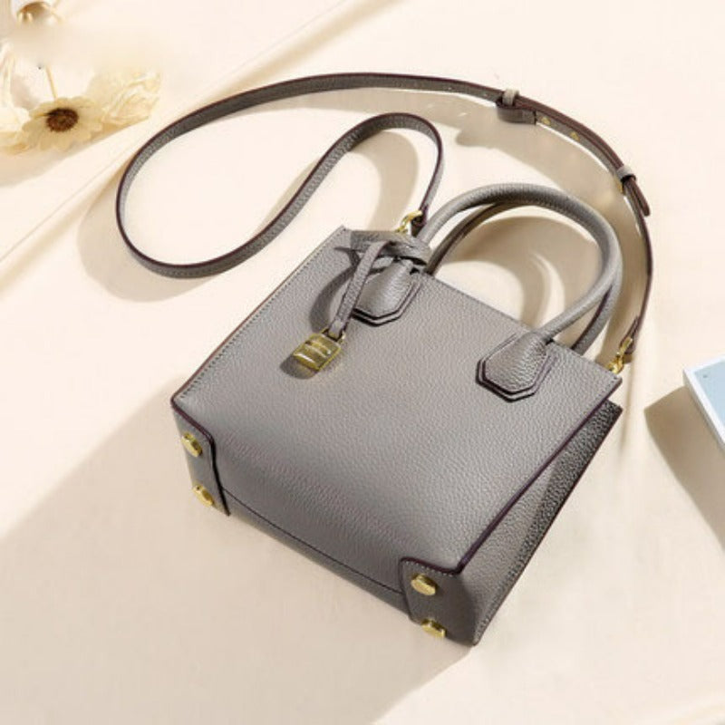 Genuine Calfskin Leather Tote Crossbody Handbag With Buckled Closure SignatureDesign