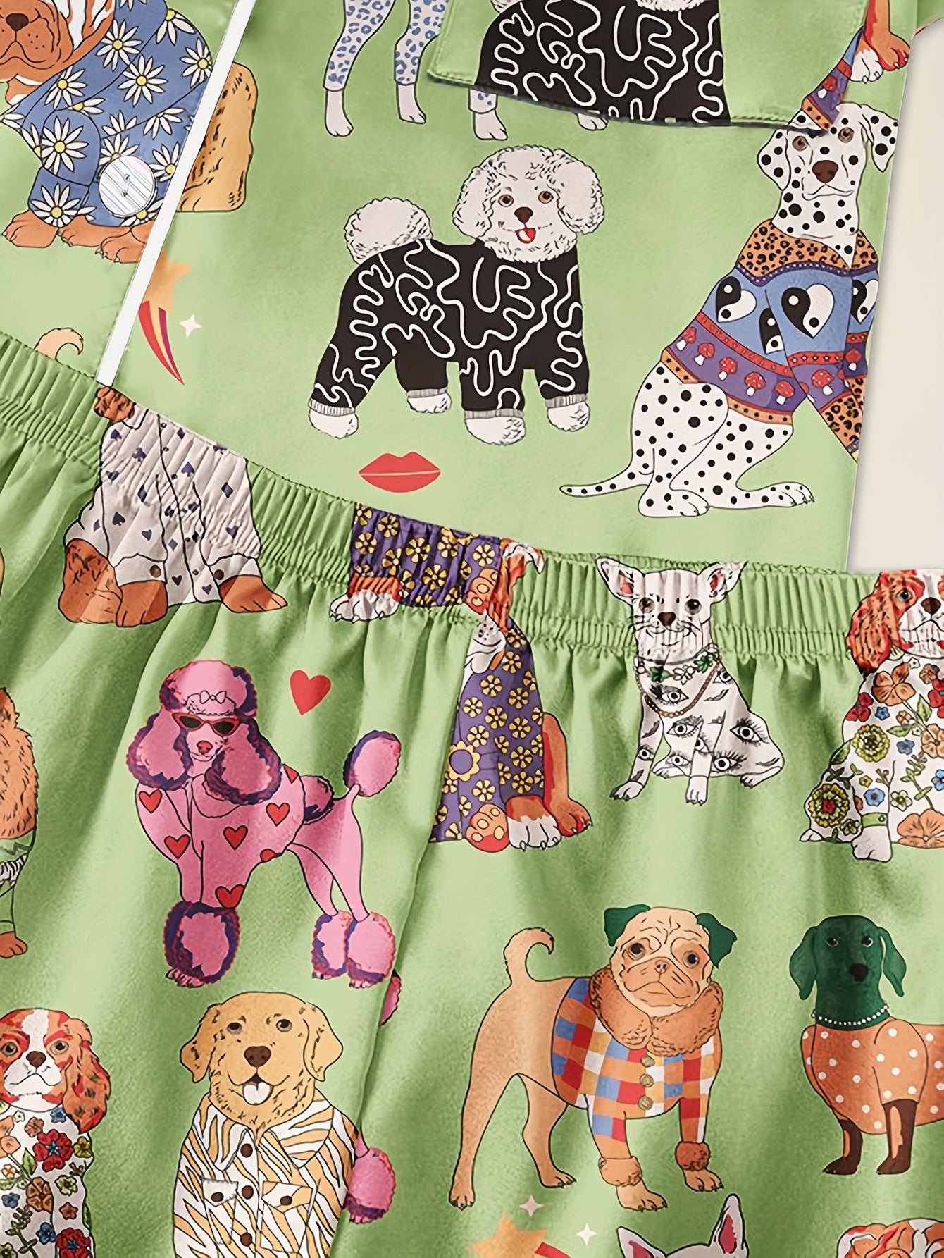 Womens Dog Print Pajama Set Satin Blend With Pocket Shorts