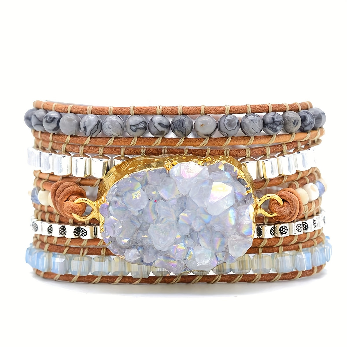 Boho Handmade Natural Stone Druzy Quartz Wrap Bracelet Jewelry