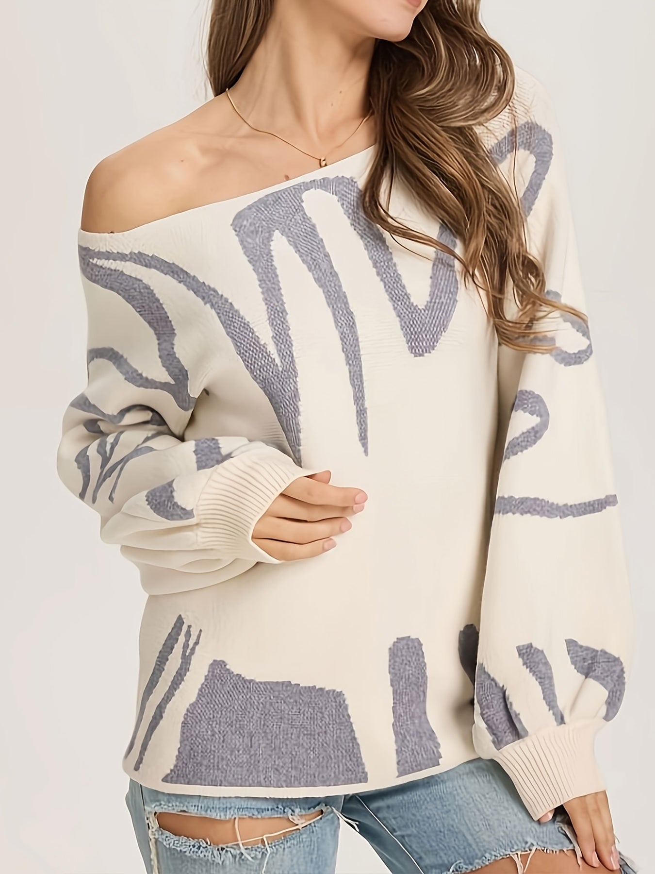 Random Pattern Boat Neck Pullover Sweater Lantern Sleeve