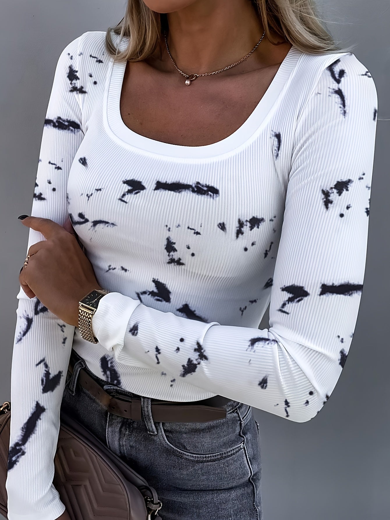 Casual Tie Dye Pullover Round Neck Ribbed Long Sleeve Shirt