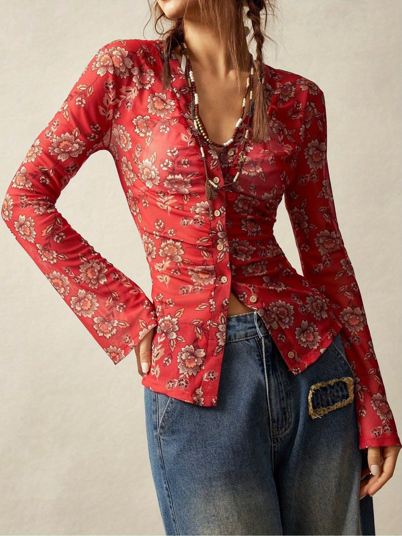 SCACTO Floral Print V Neck Shirt For Everyday Casual Wear