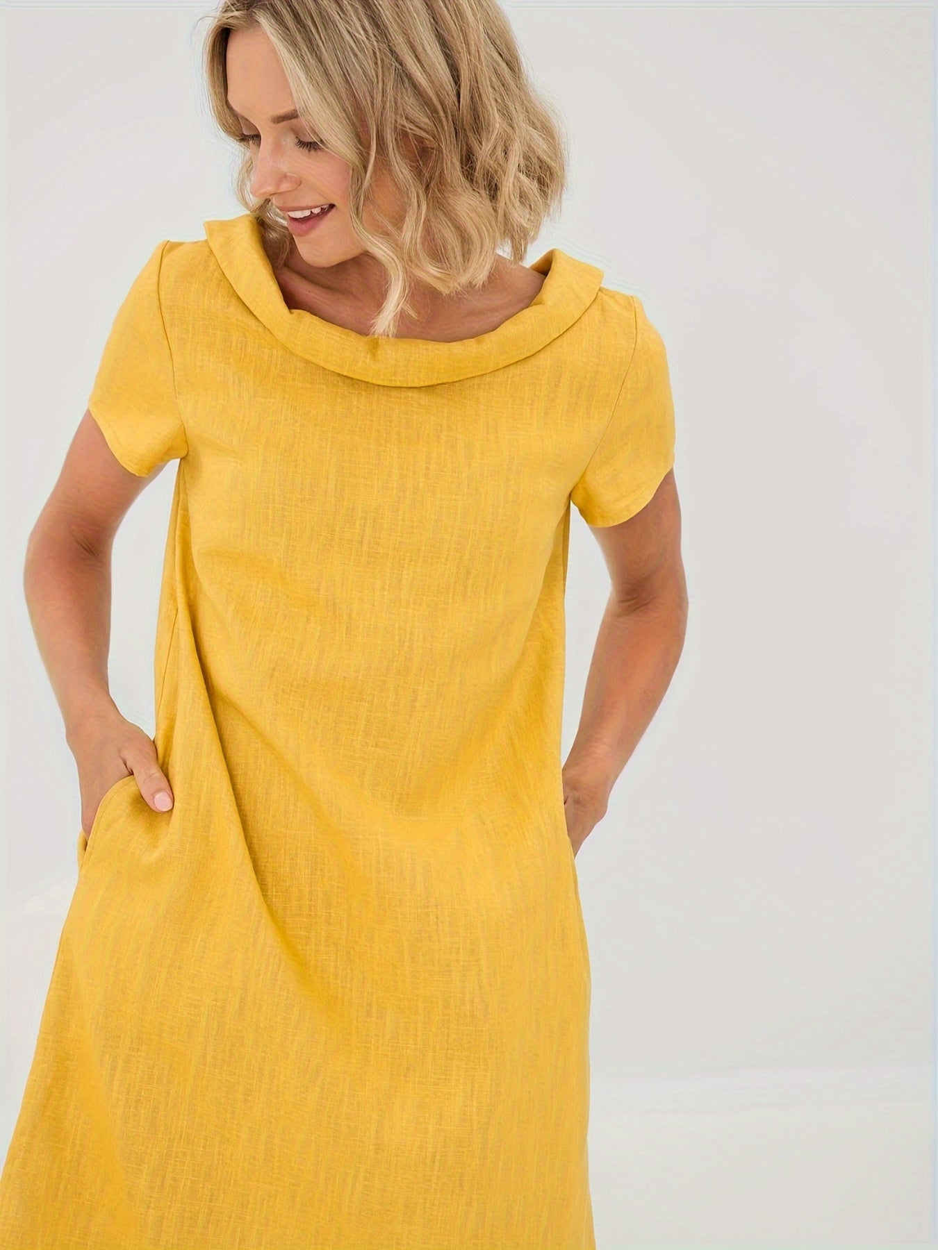 Linen Dress With Pockets Slit Collar Everyday Wear Casual