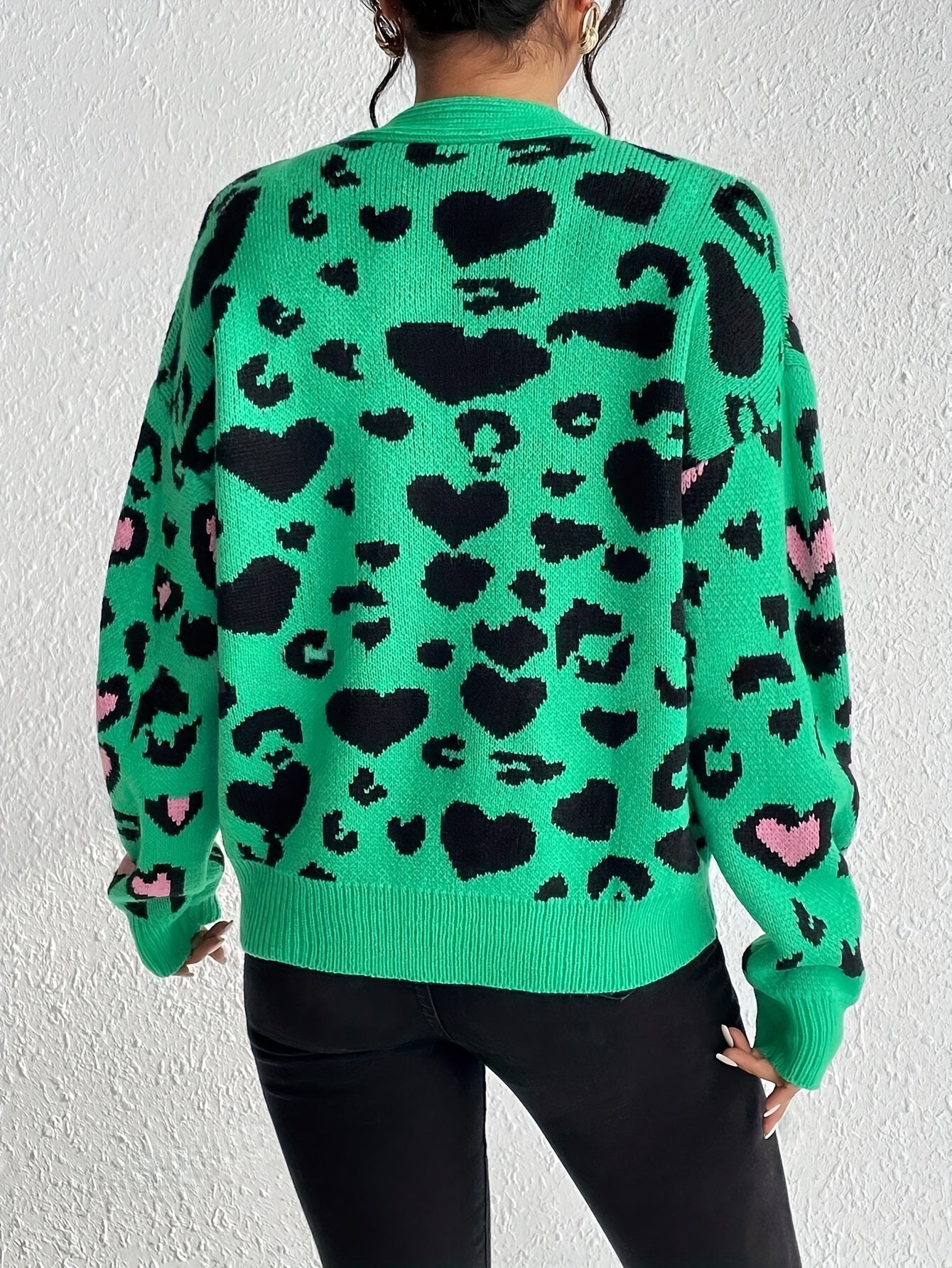 Elegant Leopard Hearts Cardigan Open Front Button Sweater