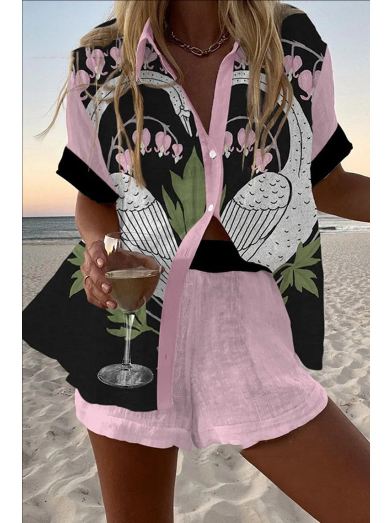 Spring Summer Fashion Women Printed Loose Short Sleeve Set