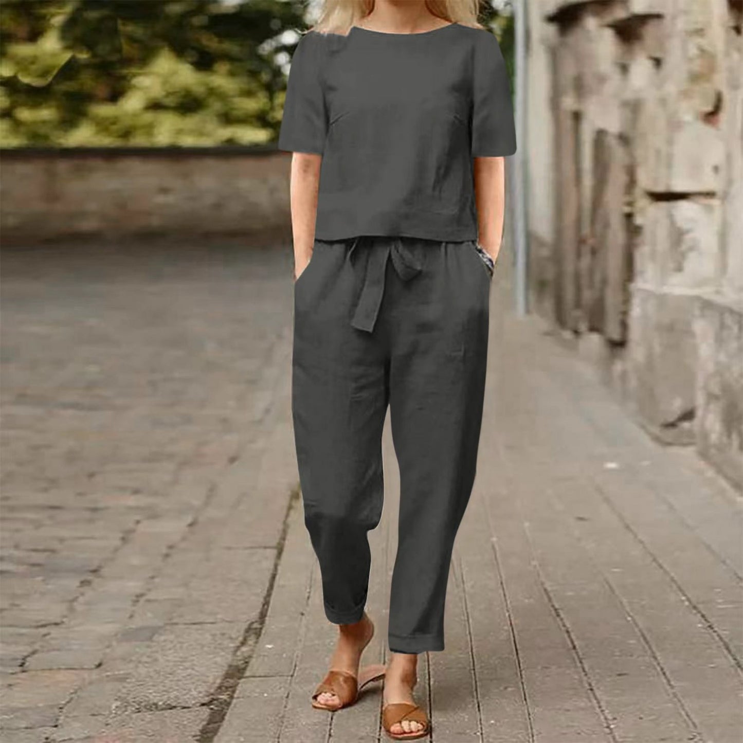 Womens Linen Summer Retro Matching Set With Oversized Blouse