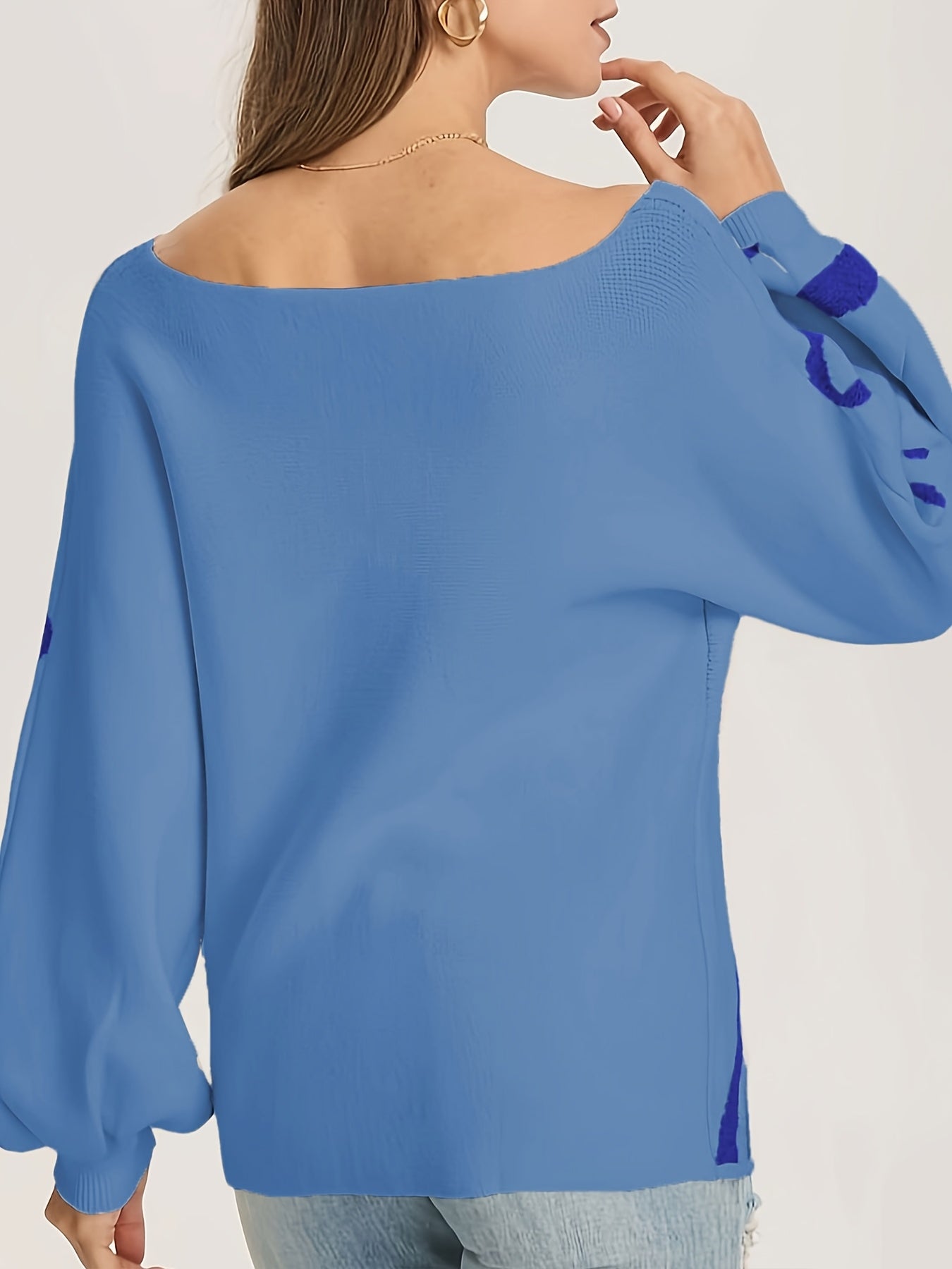 Random Pattern Boat Neck Pullover Sweater Lantern Sleeve