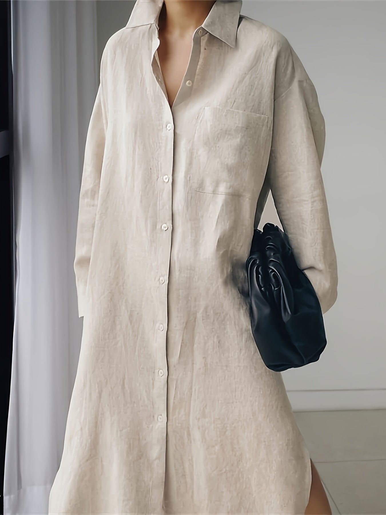 Lapel Collar Linen Shirt Dress Button Front Solid Color