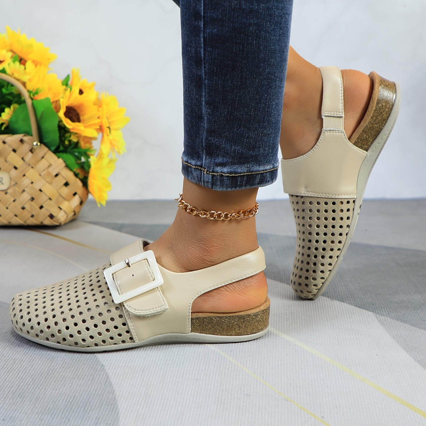 Womens Perforated Genuine Leather Flats With Breathable Slingback