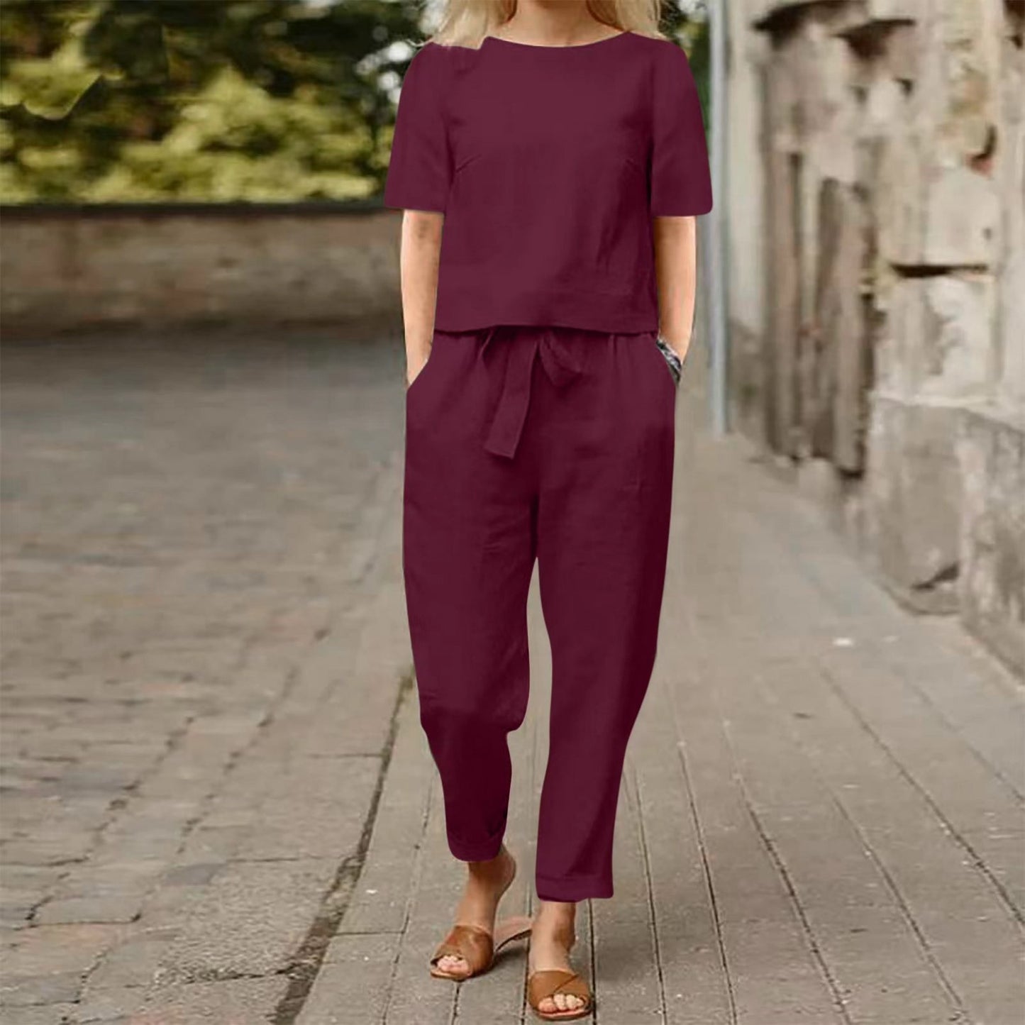 Womens Linen Summer Retro Matching Set With Oversized Blouse