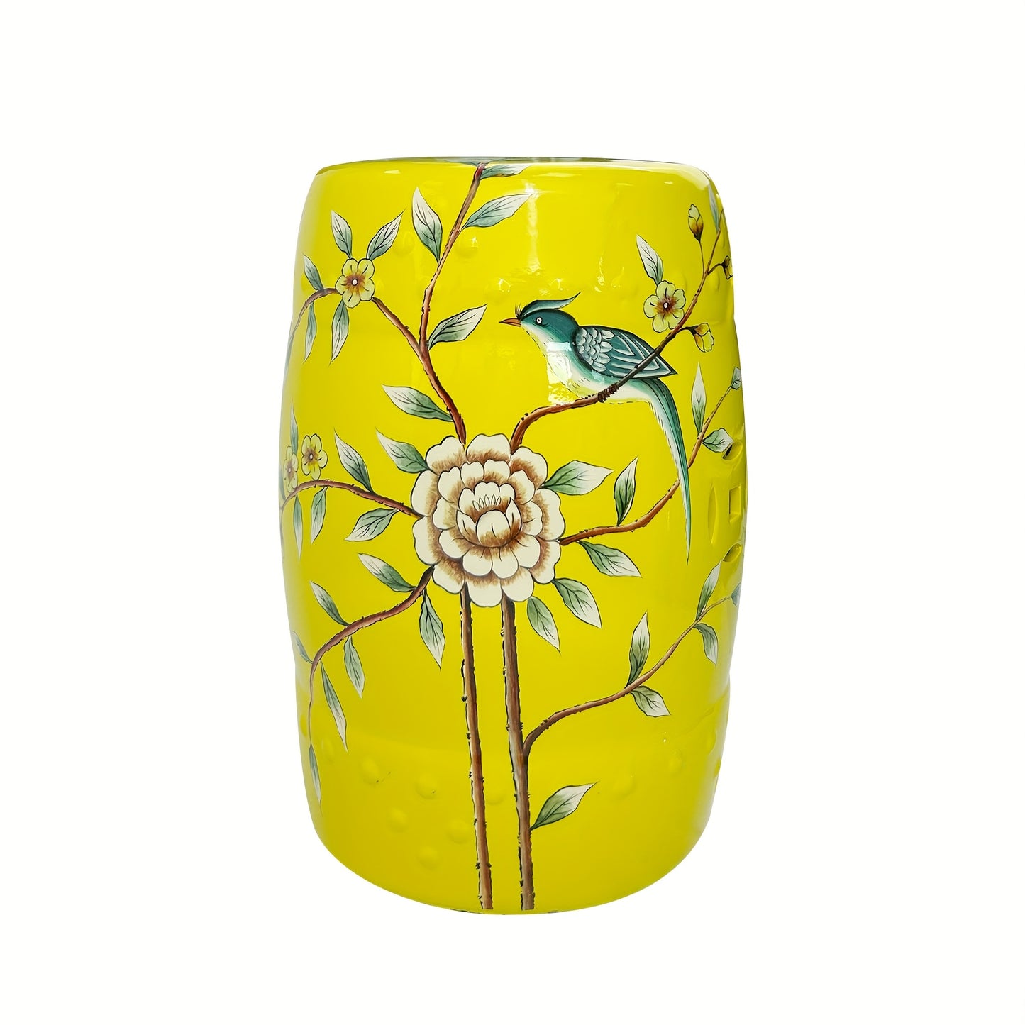 Ceramic Drum Stool Asian Classical Style Ornate Bird Blossom
