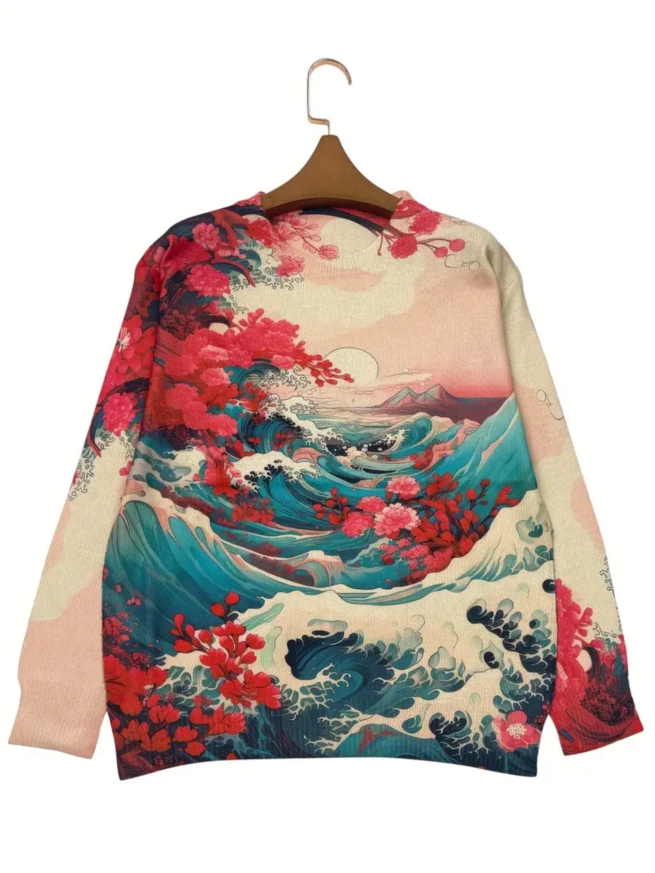 Japanese Art Inspired Cherry Blossom And Great Wave Sweater