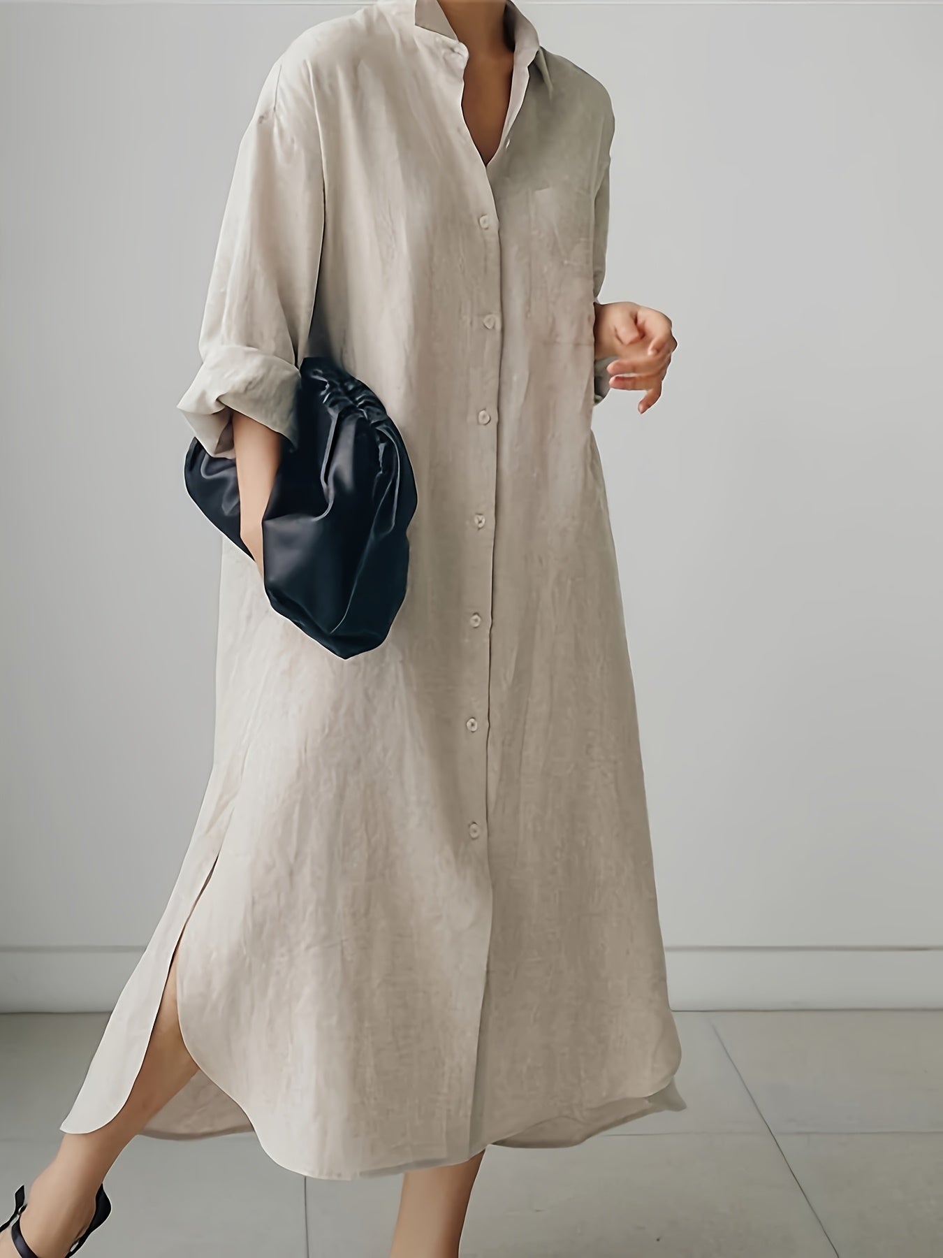 Lapel Collar Linen Shirt Dress Button Front Solid Color