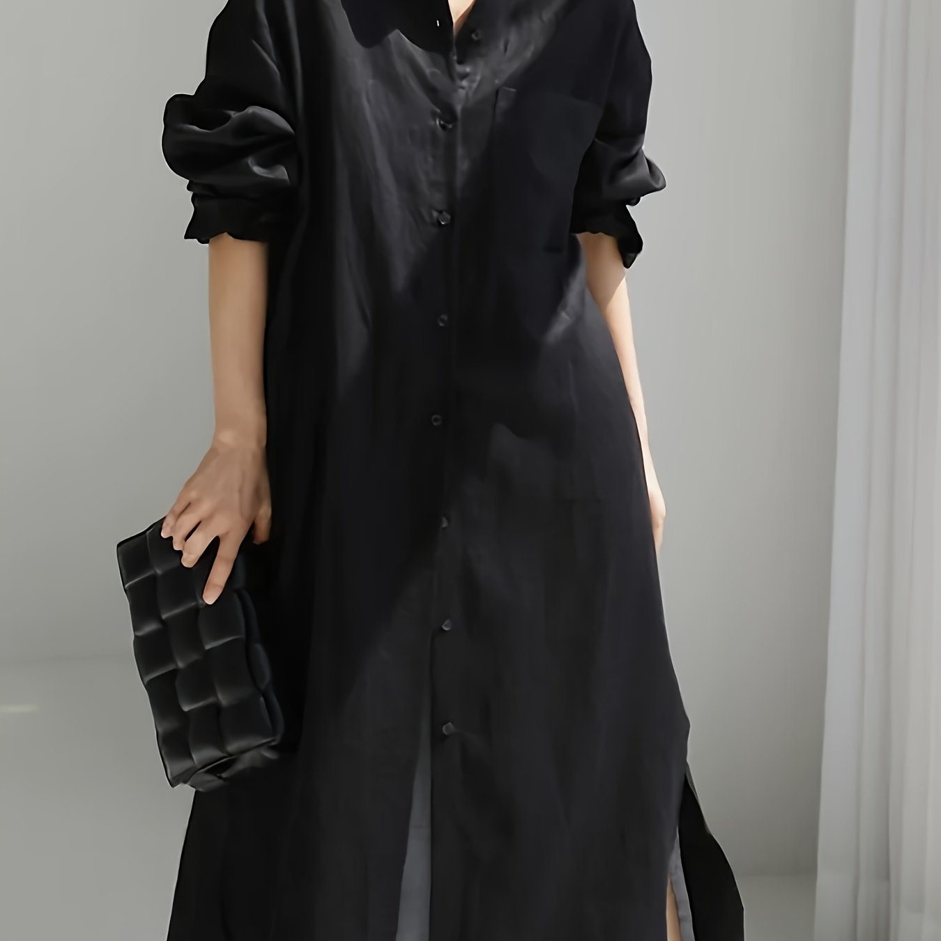 Lapel Collar Linen Shirt Dress Button Front Solid Color