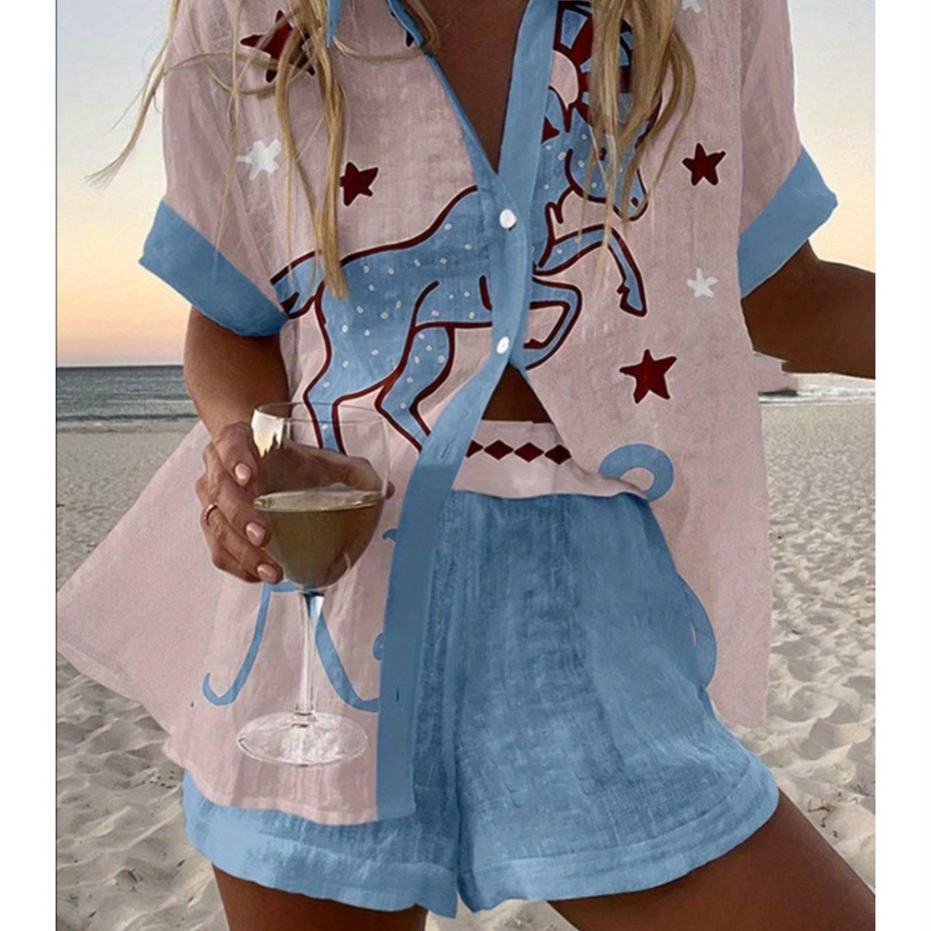 Spring Summer Fashion Women Printed Loose Short Sleeve Set