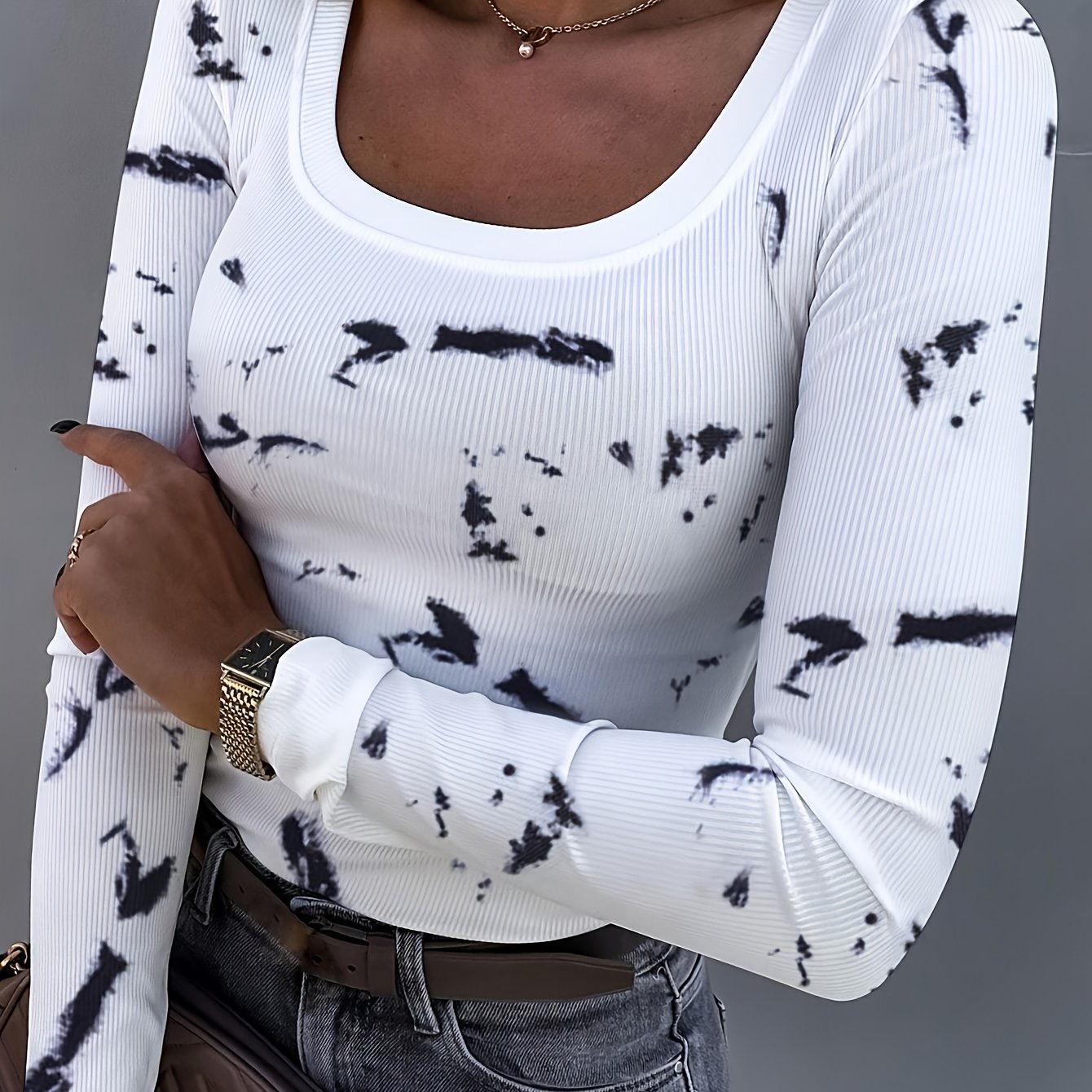 Casual Tie Dye Pullover Round Neck Ribbed Long Sleeve Shirt