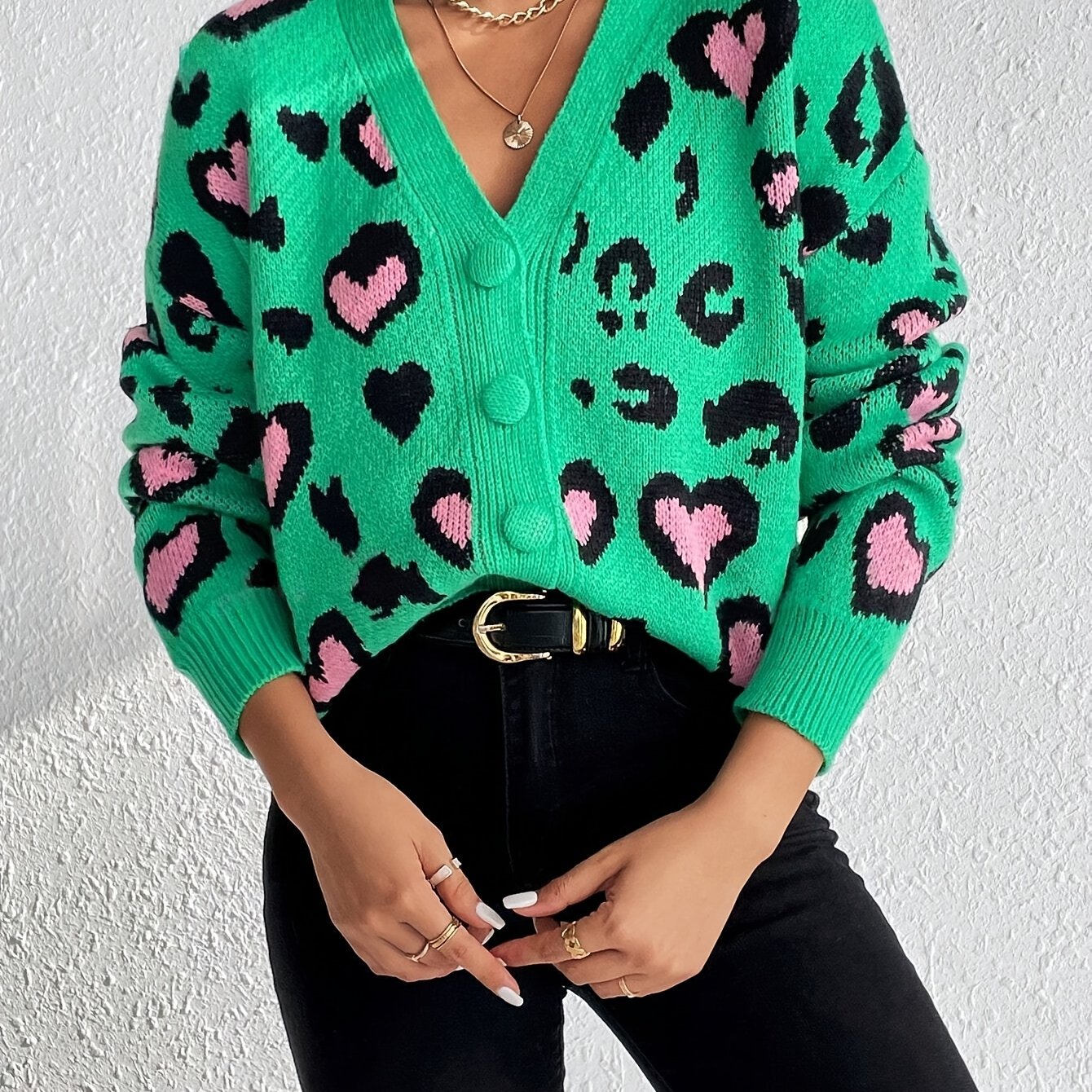 Elegant Leopard Hearts Cardigan Open Front Button Sweater