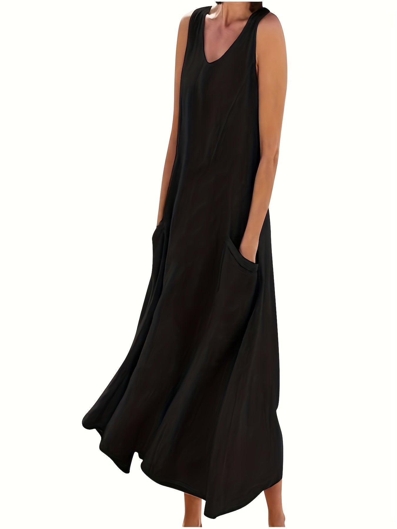 Cotton Linen Summer V Neck Sleeveless Long Dress For Women