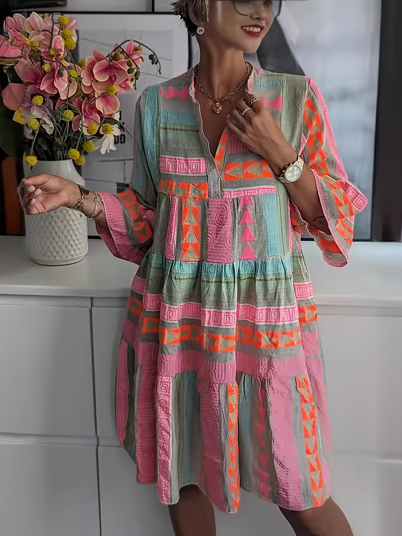 European American Autumn Print V Neck Quarter Sleeve Dress