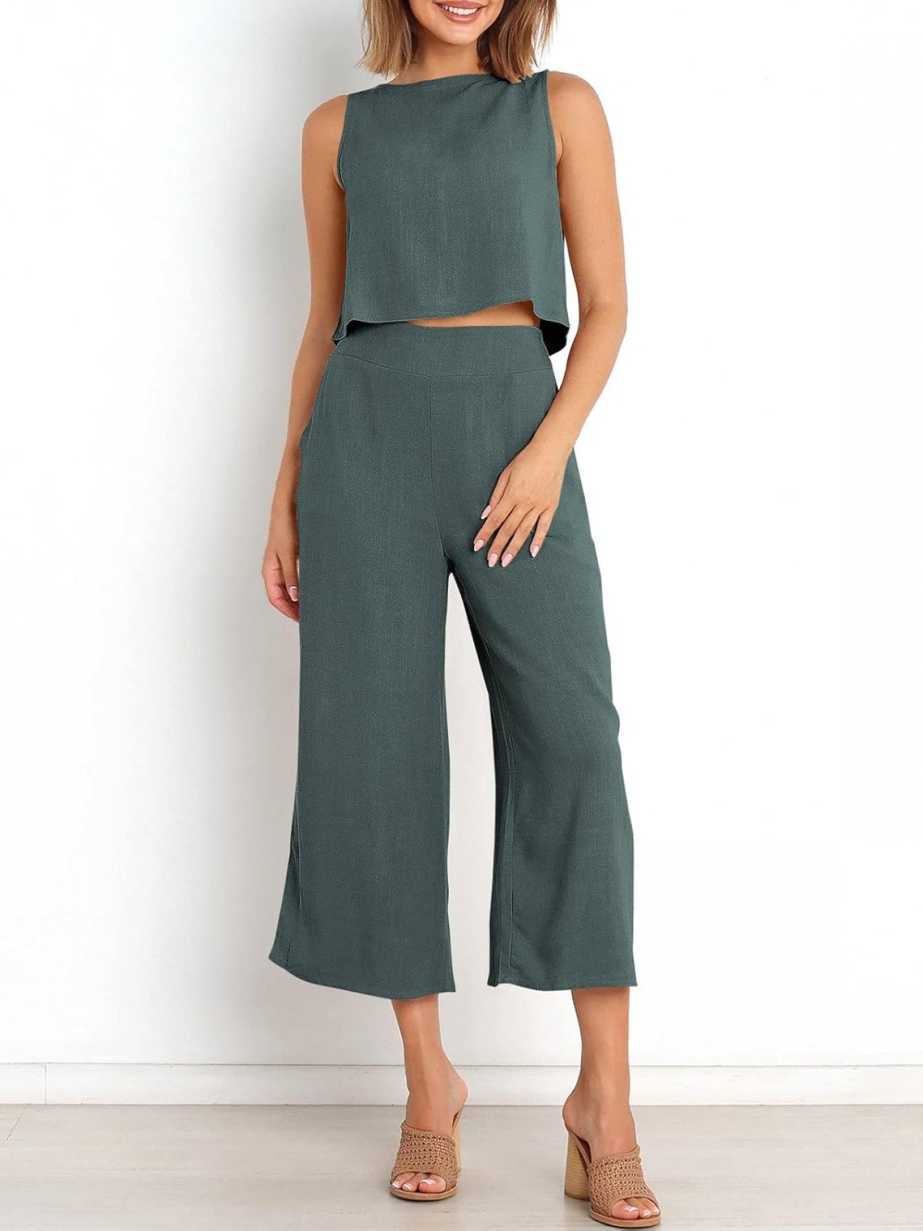 Women Linen Two Piece Jumpsuit Set Beachwear Breathable