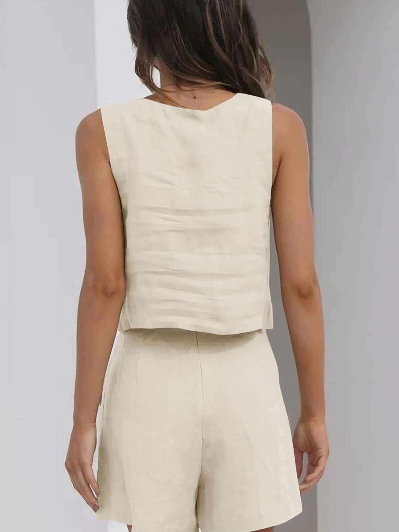 Linen Wide Leg Shorts And Sleeveless Vest Set For Women