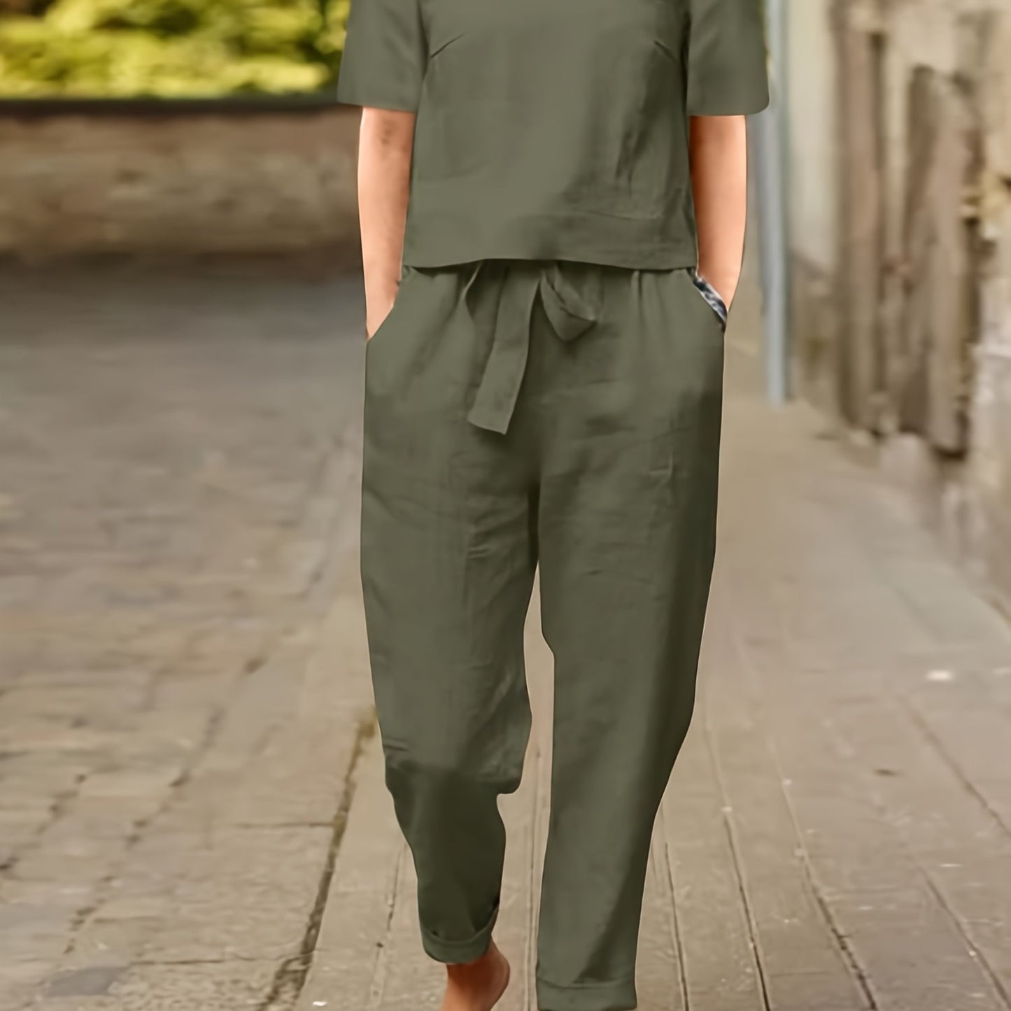 Cotton Womens 2 Piece Short Sleeve Wide Leg Pajama Set