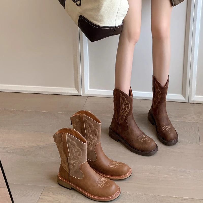 Western Cowboy Boots For Women Slip On Round Toe With Sole