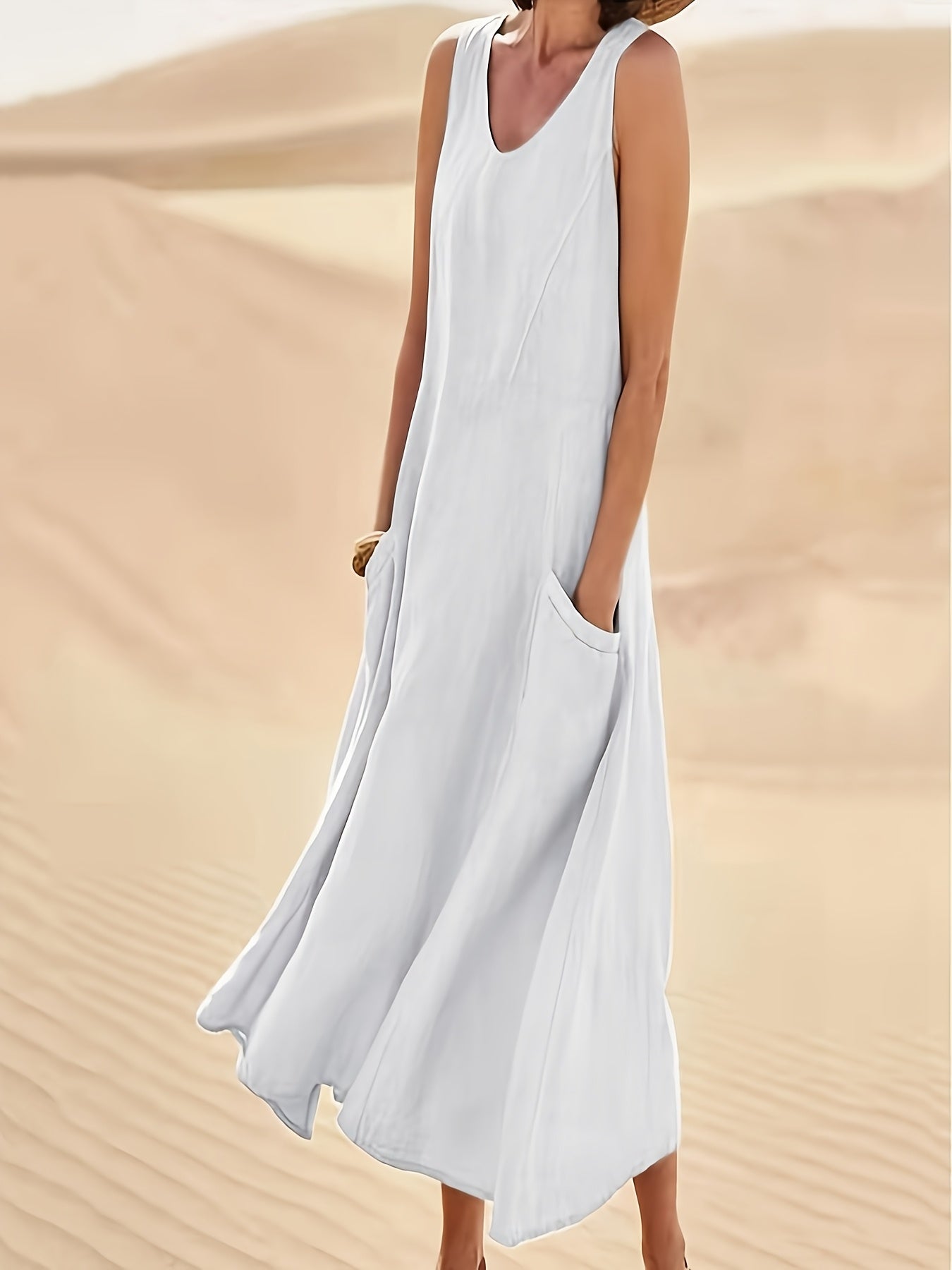 Cotton Linen Summer V Neck Sleeveless Long Dress For Women