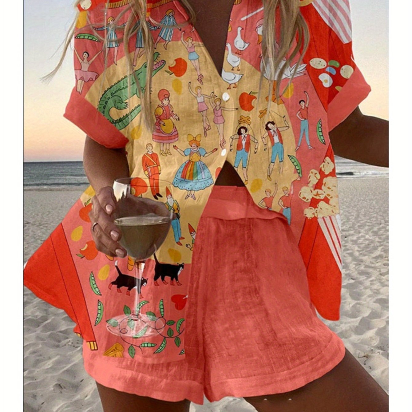 Spring Summer Fashion Women Printed Loose Short Sleeve Set