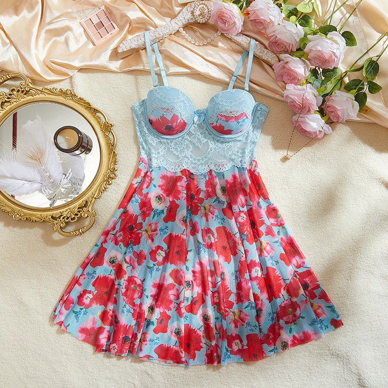 Floral Lace Underwire Babydoll Nightgown With Thong Set For Women
