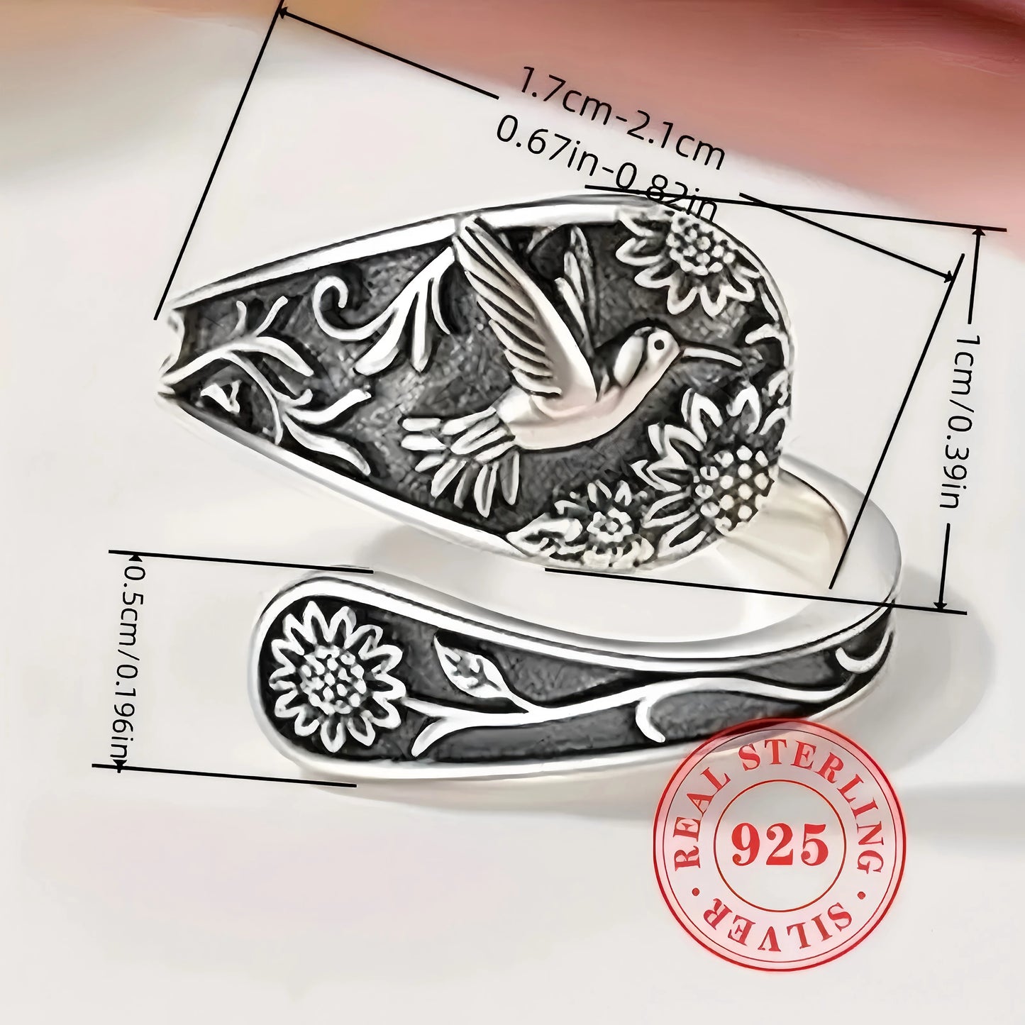 Boho Bird and Flower Ring in Sterling Silver for Women