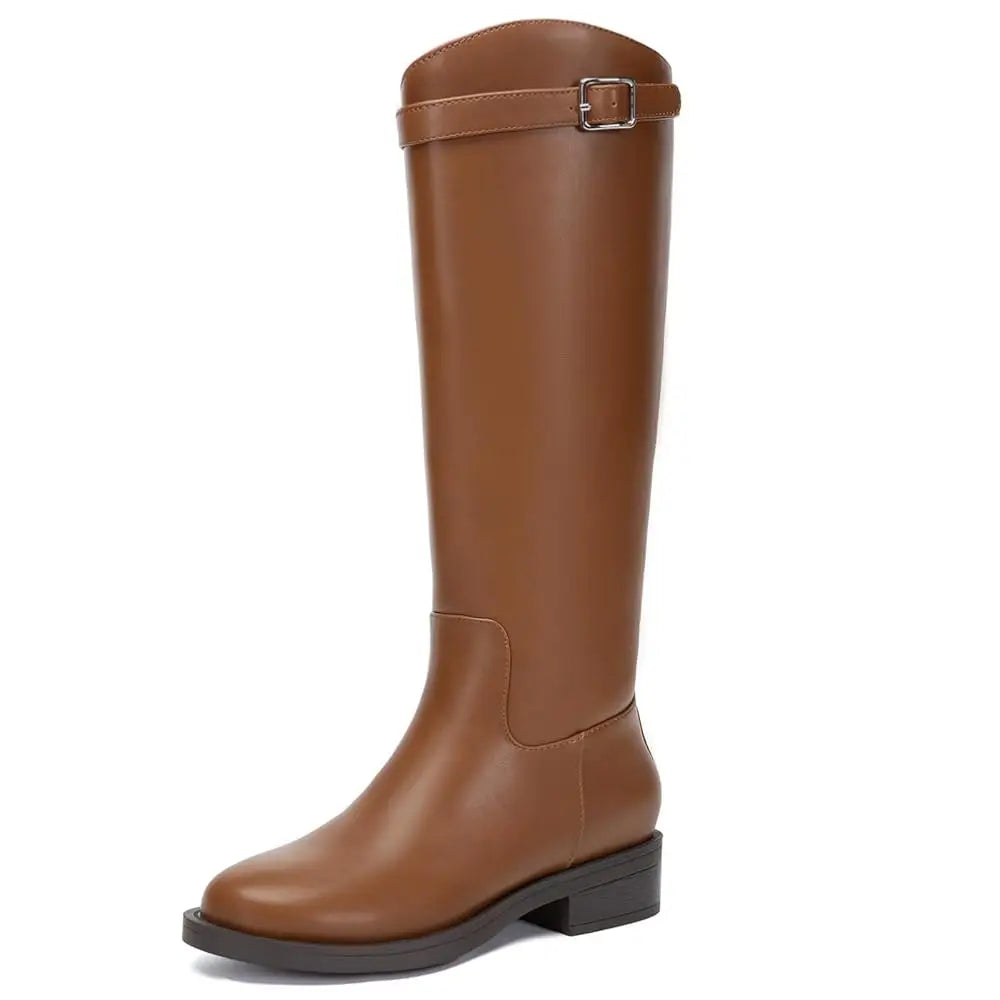 Athlefit Women Knee High Riding Boots Round Toe Buckle
