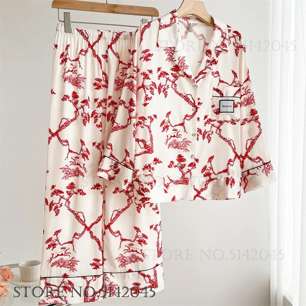 Floral Satin Pajama Set For Women Sleepwear Lounge Wear