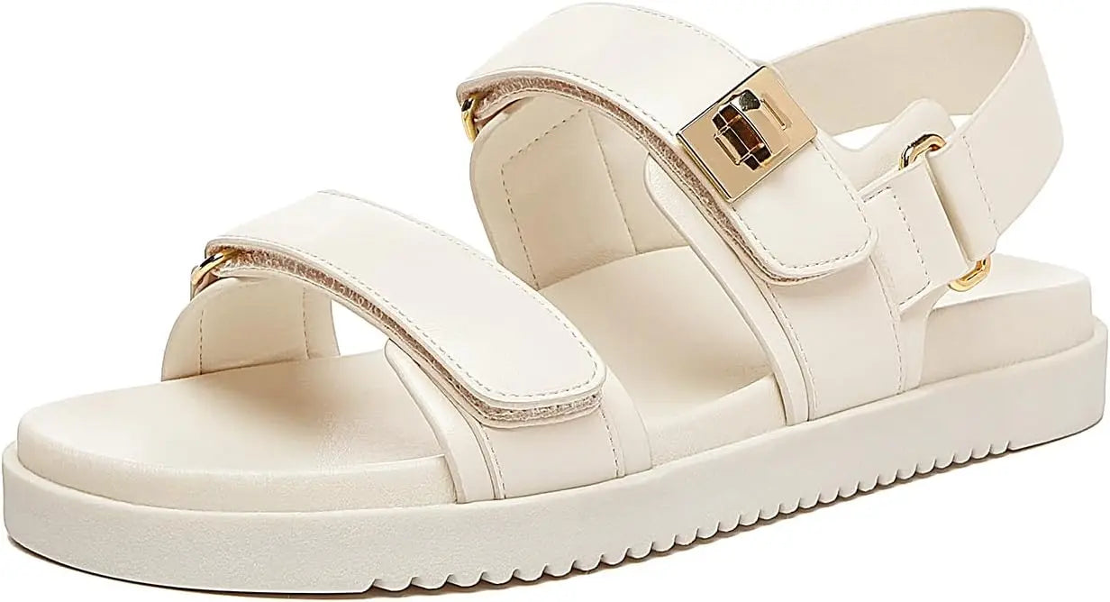 Women's Leather Flat Sandals With Adjustable Double Straps