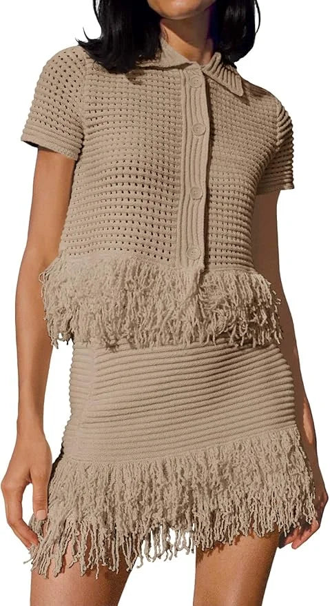 Fisoew Women Two Piece Crochet Set With Fringe Detail Beachwear