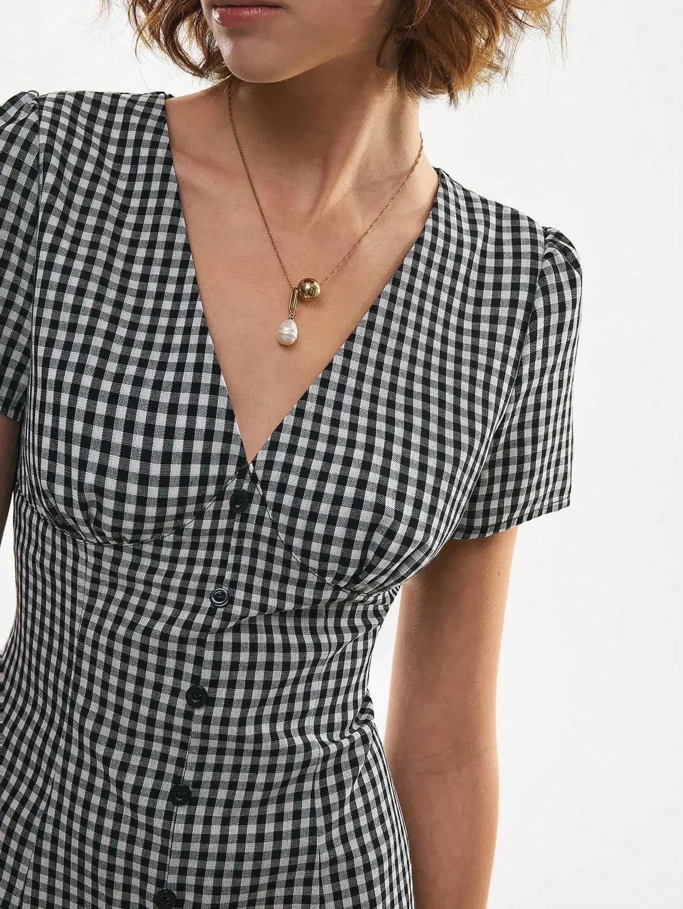 Women's Cotton Gingham Button Front V Neck Short Sleeve Dress