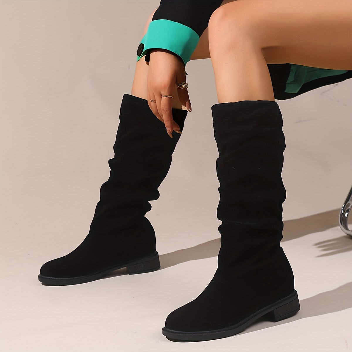 Mid Heel Slouchy Mid Calf Boots Soft Fabric Upper Platform